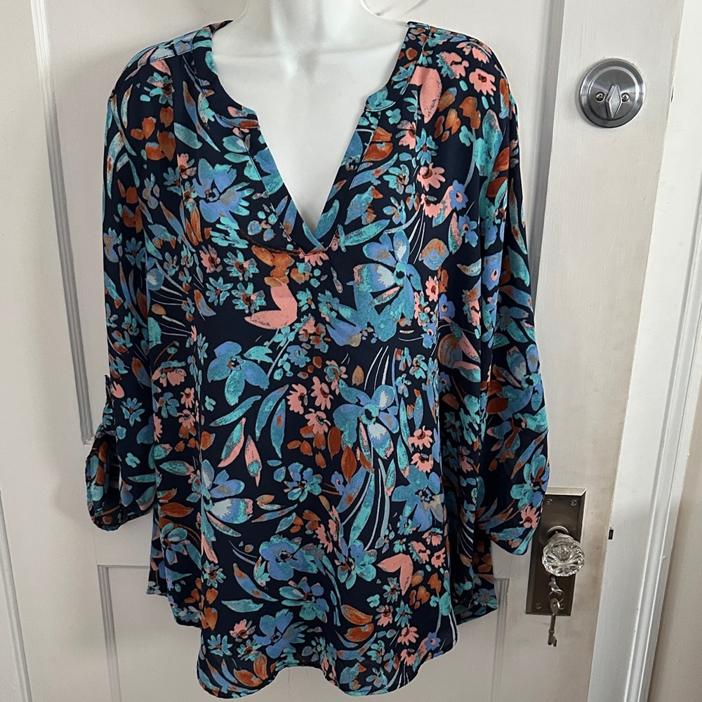 Maurices Navy Floral Split-Neck Blouse
